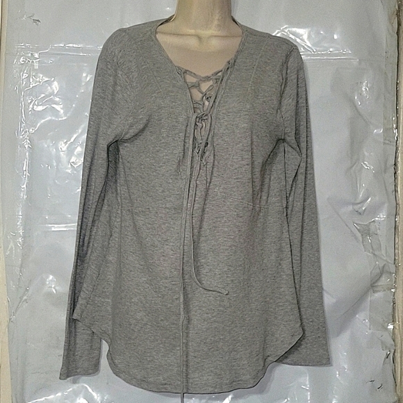 UMGEE Ribbed Knit lace-up Long Sleeve top L Sexy Lightweight Grey Casual Summer - Picture 2 of 8